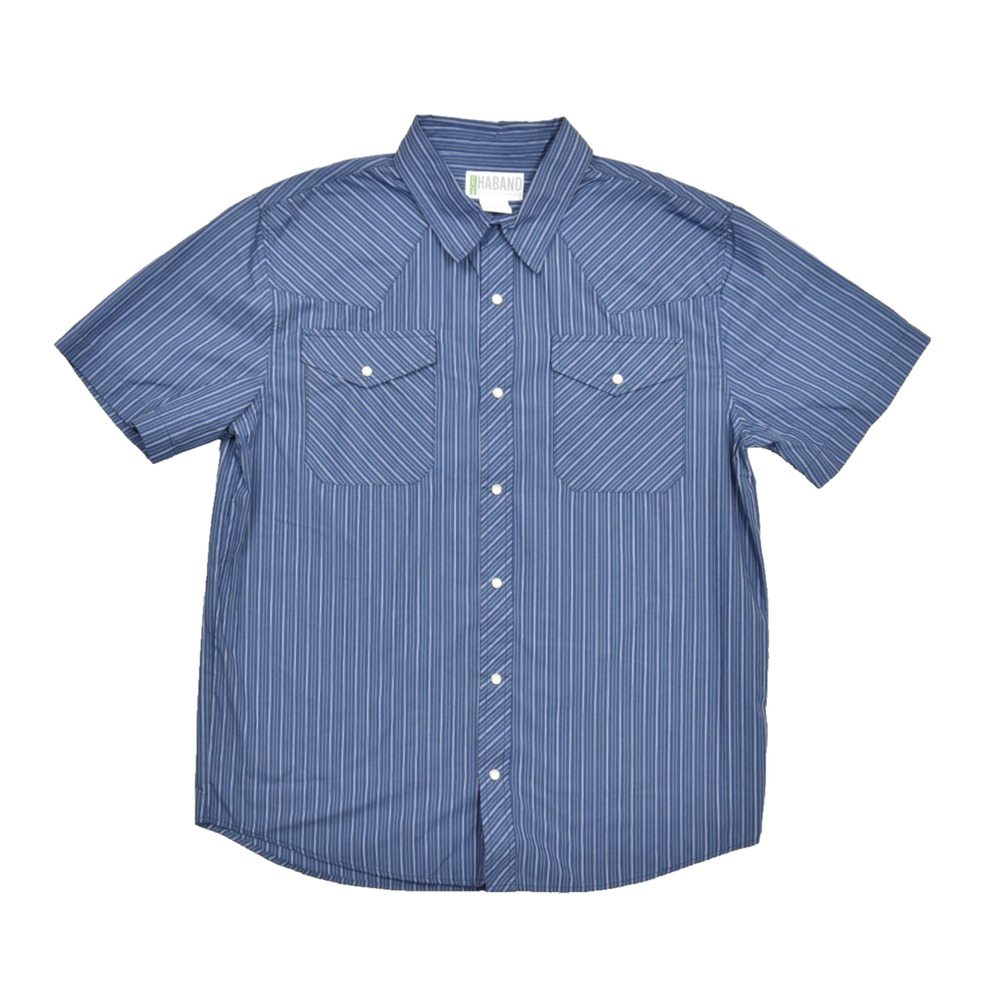 Haband Men's Size M Blue Striped Short Sleeve Pearl Snap Western Shirt Cotton
